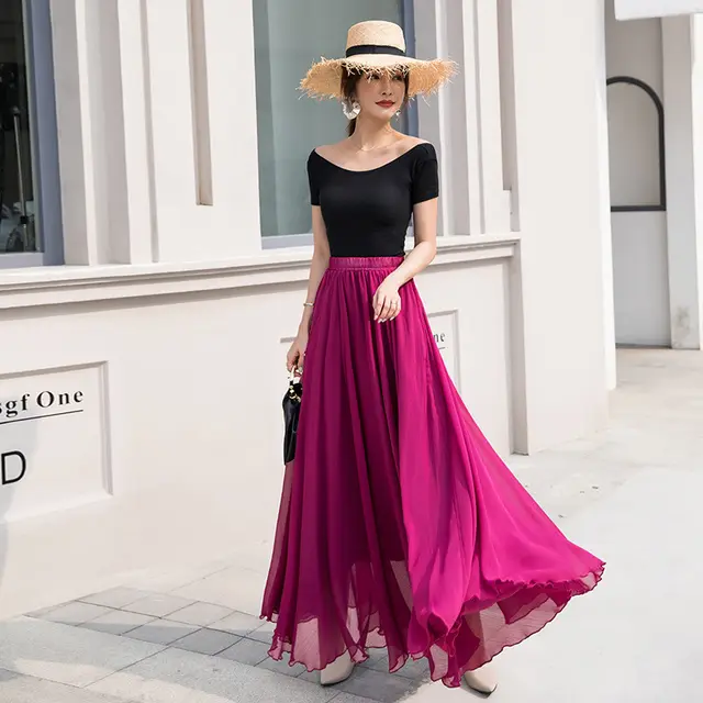 Chiffon Skirt Mid length Plus Size Elastic Waist Elegant Skirt Purple - Shop at LoveMi