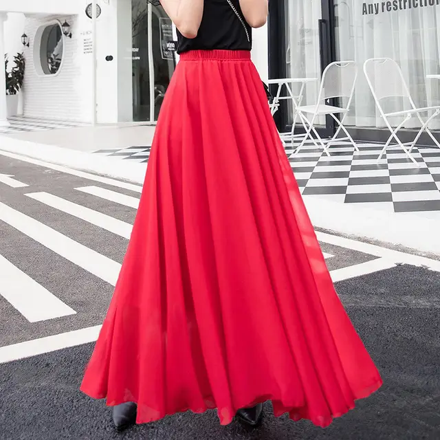 Chiffon Skirt Mid length Plus Size Elastic Waist Elegant Skirt Red - Shop at LoveMi