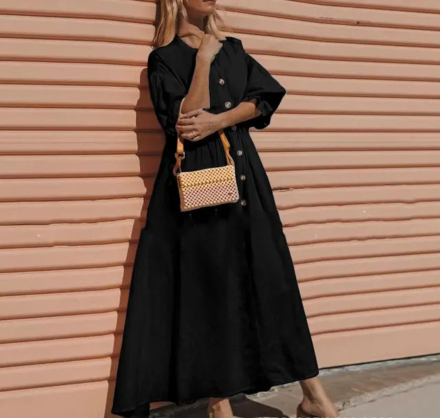 Cotton And Linen Solid Color Lantern Sleeve Long Dress Black - Shop at LoveMi