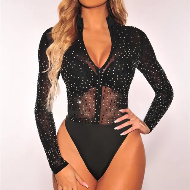 Sexy Transparent Rhinestone Zip Turtleneck Jumpsuit Black - Shop at LoveMi