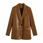 Trendy Temperament Faux Leather Suit Jacket - Chocolate-L