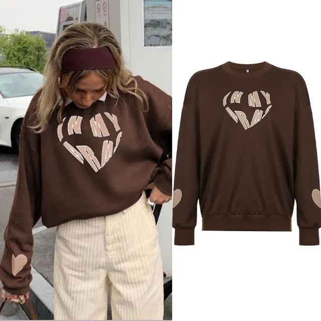 New women's European and American style retro brown mushroom embroidery loose round neck sweater women's casual pullover top A Brown - Shop at LoveMi