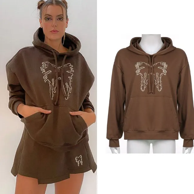 New women's European and American style retro brown mushroom embroidery loose round neck sweater women's casual pullover top B Brown - Shop at LoveMi