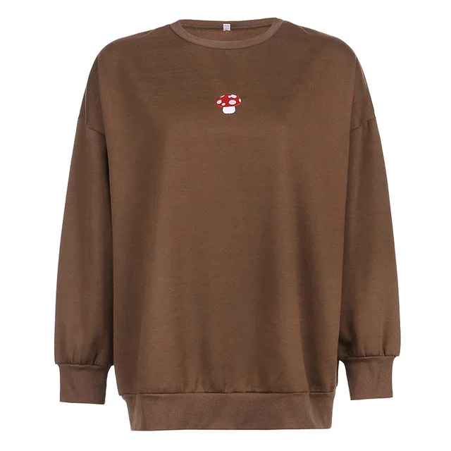 New women's European and American style retro brown mushroom embroidery loose round neck sweater women's casual pullover top Brown - Shop at LoveMi