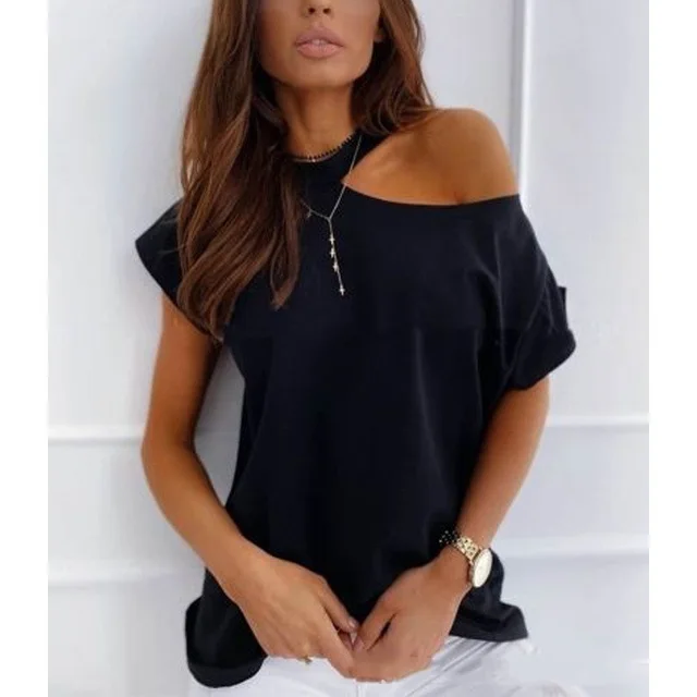 European Style Solid Color Short Sleeved Casual T shirt Women Summer New Round Neck Loose Blouse Black - Shop at LoveMi