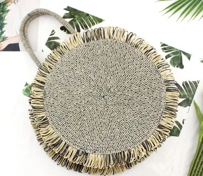 Round Portable Two Color Fringed Straw Bag Blue - Shop at LoveMi