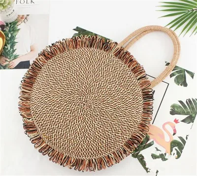 Round Portable Two Color Fringed Straw Bag Orange - Shop at LoveMi