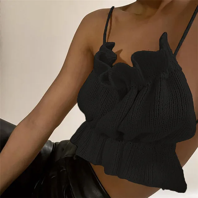 Sleeveless Small Sling Solid Color Wrap Top With Open Back And Navel Black - Shop at LoveMi