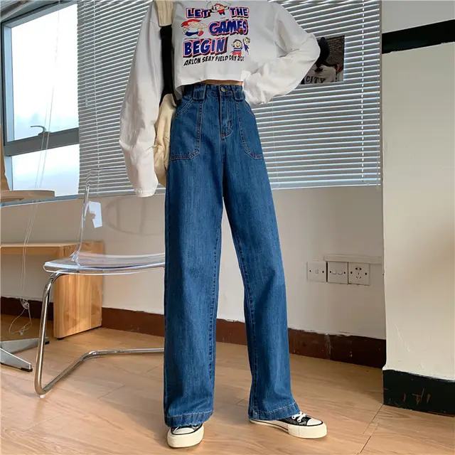 High Waist Bag Hip Wide Leg Casual Pants Trend Patch Pocket Straight leg Jeans Blue - Shop at LoveMi