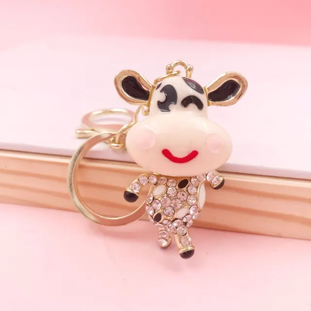 Zodiac Creative Metal Rhinestone Resin Smile Cow Car Keychain Pendant White - Shop at LoveMi