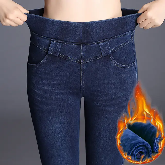 High waisted Denim Ladies Plus Size Tight fitting Pencil Trousers Dark Blue - Shop at LoveMi