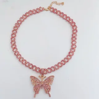 Full Diamond Butterfly Necklace Cute Butterfly Luxury Diamond Pendant - Pink