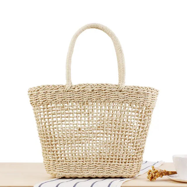 Hand held New Hollow Woven Holiday Outing Straw Bag Beige - Shop at LoveMi