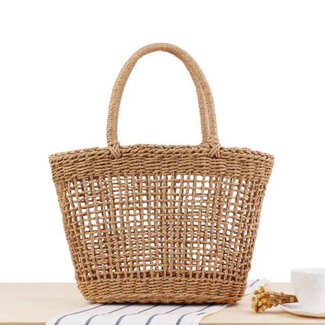 Hand held New Hollow Woven Holiday Outing Straw Bag Camel - Shop at LoveMi