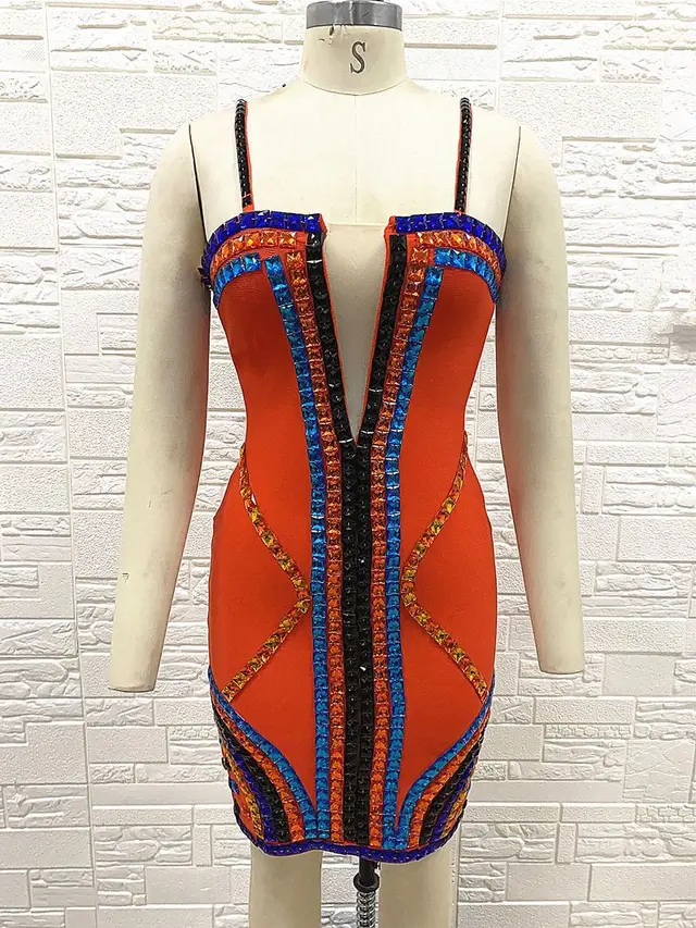 Sleeveless Women's Luxury Diamond Bandage Dress Sexy Waist Tucked Gown Orange - Shop at LoveMi