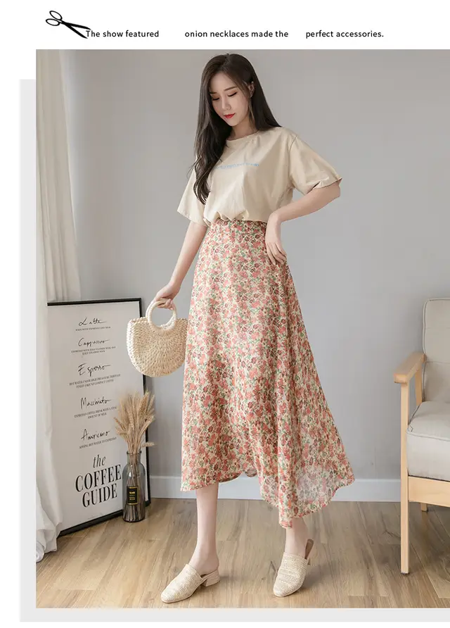 Floral Half Length Skirt Female Spring And Summer New Mid Length Skirt, High Waist, Thin Temperament, A Line Skirt, Long Chiffon Skirt, Small Fresh... Orange - Shop at LoveMi