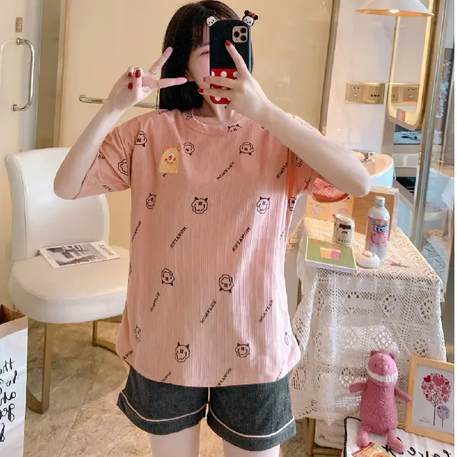 Summer New Style Short Sleeved Women's Home Service Suit Cute Loose And Comfortable Pajamas Women 6535 Cotton - Shop at LoveMi