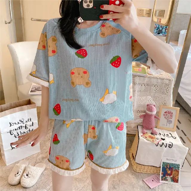 Summer New Style Short Sleeved Women's Home Service Suit Cute Loose And Comfortable Pajamas Women 6535 Cotton - Shop at LoveMi
