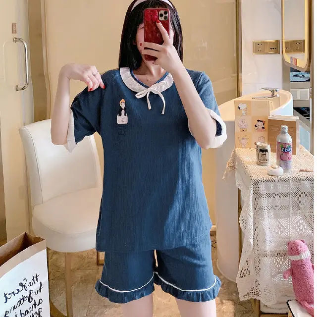 Summer New Style Short Sleeved Women's Home Service Suit Cute Loose And Comfortable Pajamas Women 6535 Cotton - Shop at LoveMi