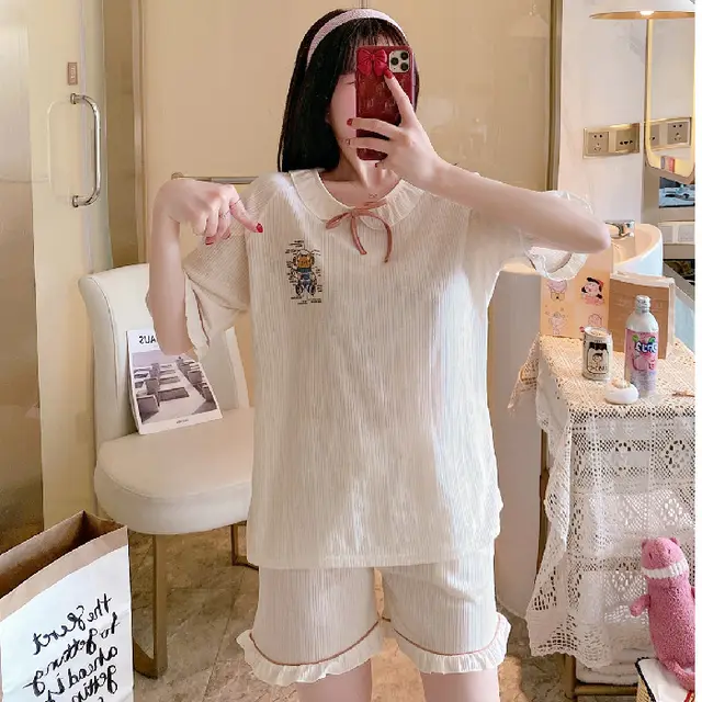 Summer New Style Short Sleeved Women's Home Service Suit Cute Loose And Comfortable Pajamas Women 6535 Cotton - Shop at LoveMi