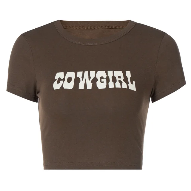 Crew Neck Short Skinny Letter Print T shirt Brown - Shop at LoveMi