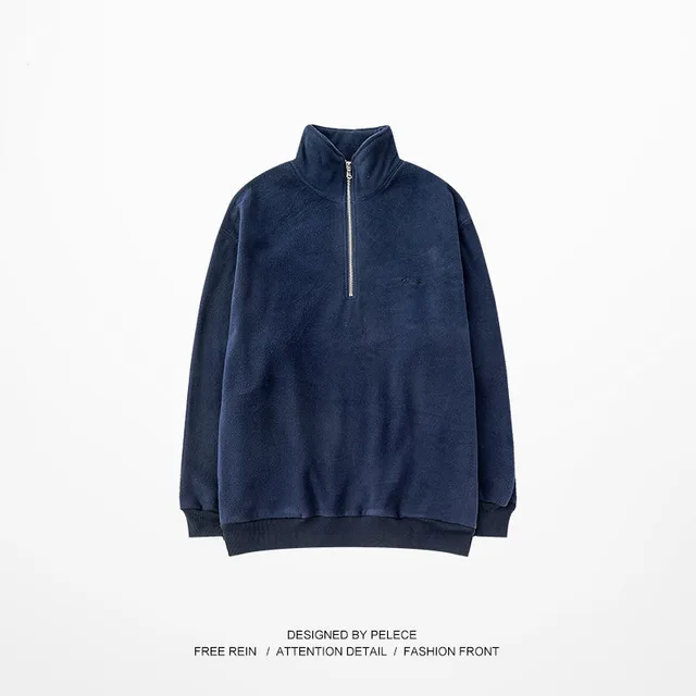 Plush Thick Stand Up Collar Zipper Casual Sweater Blue - Shop at LoveMi