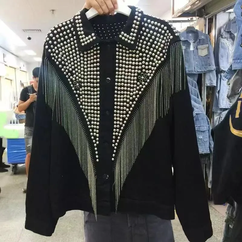 Denim Jacket New Fashion Riveting Design - Black