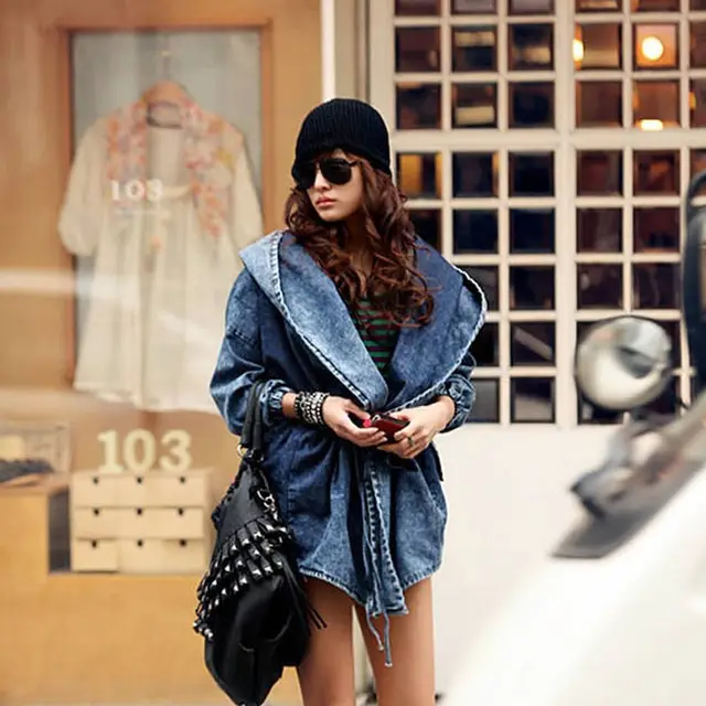 Women's Waist Denim Trench Coat With Long Sleeves Mid Length Cloak Denim Jacket - Shop at LoveMi