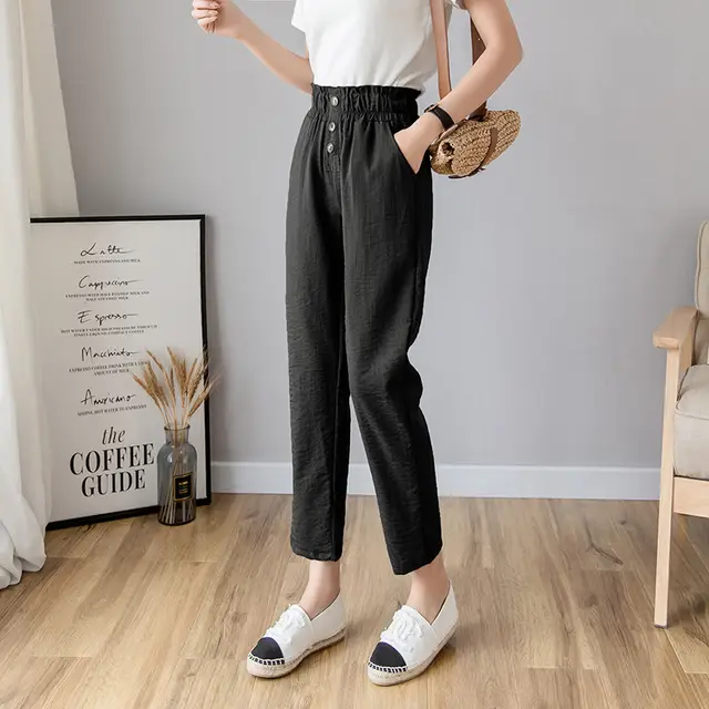 Cotton And Linen Casual Loose Cropped Trousers Black - Shop at LoveMi