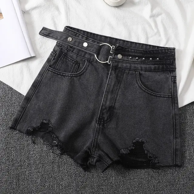 Women's Loose Denim Shorts With Ripped Holes Grey - Shop at LoveMi
