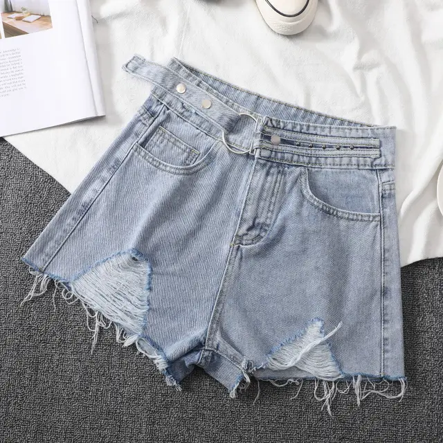 Women's Loose Denim Shorts With Ripped Holes Light Blue - Shop at LoveMi