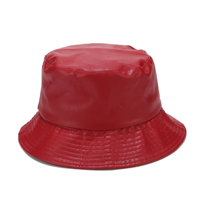 INS Light Board PU Leather Fisherman Hat Ladies Pure Color Simple Basin Hat Outdoor Wild Sun Hat Red - Shop at LoveMi