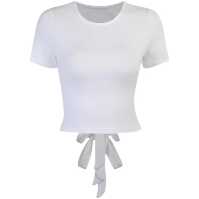 European And American Round Neck Open Back Bandage Short Sleeve T Shirt Women White - Shop at LoveMi