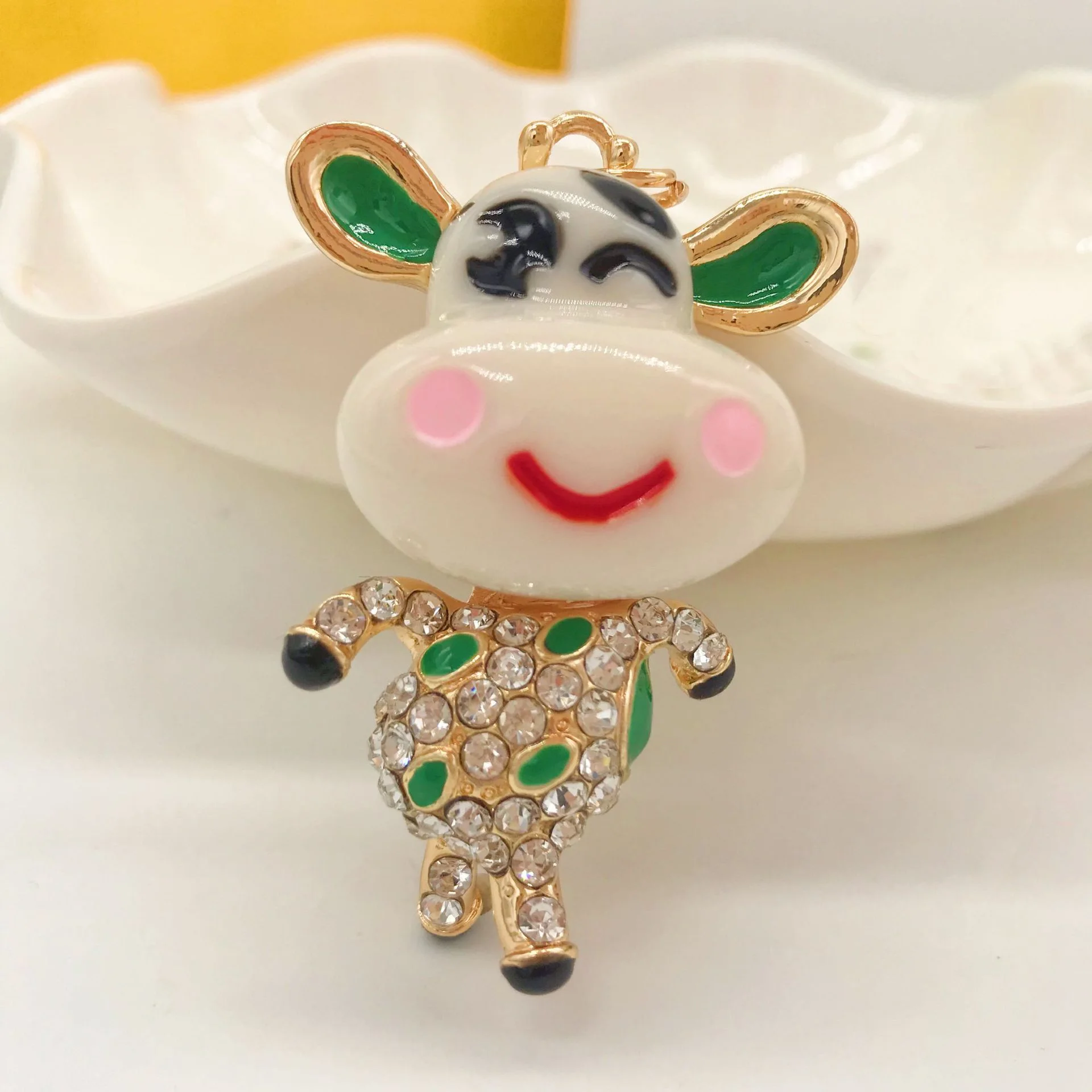 Zodiac Cute Running Rhinestone Bull Car Keychain Pendant - Green