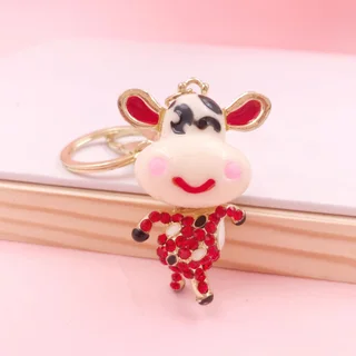 Zodiac Cute Running Rhinestone Bull Car Keychain Pendant - Red