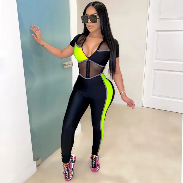 Colorblock Mesh Sexy Slim Fit Jumpsuit Green - Shop at LoveMi