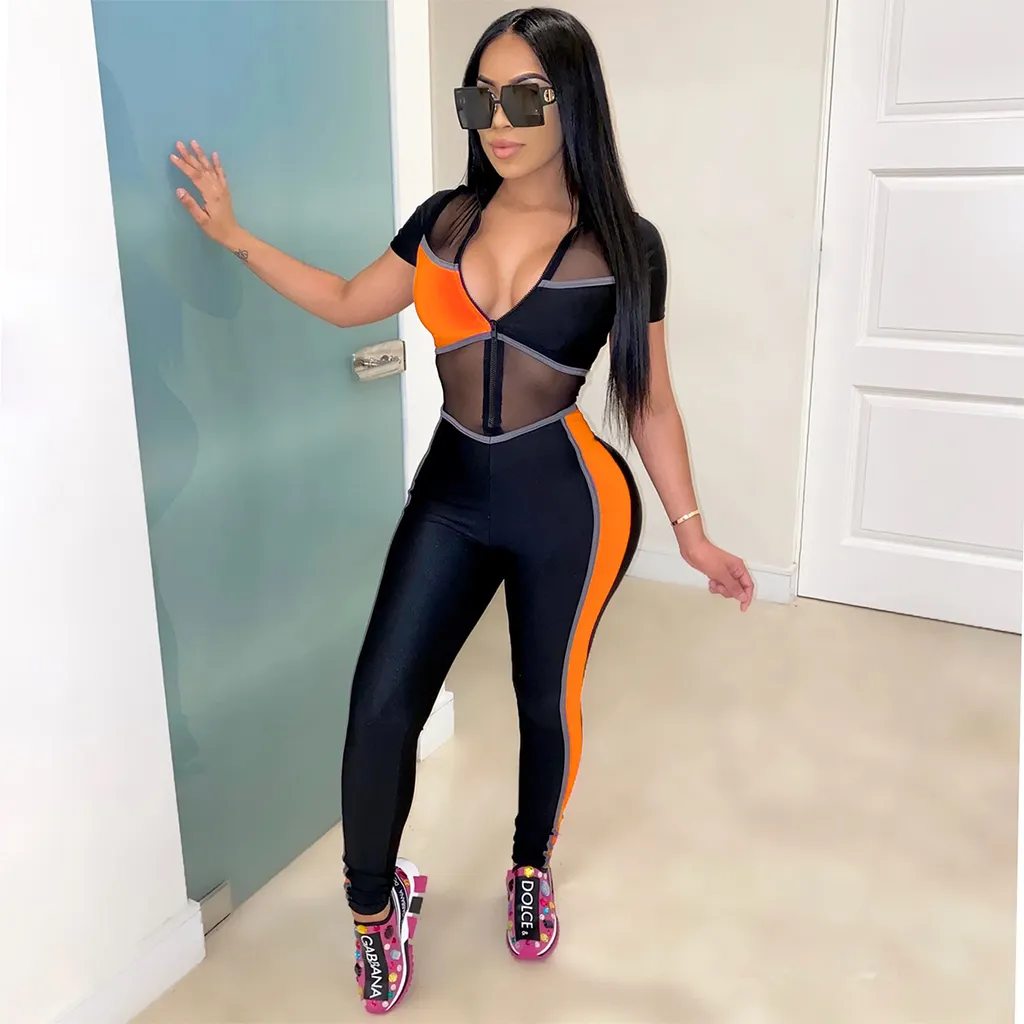 Colorblock Mesh Sexy Slim-Fit Jumpsuit - Orange