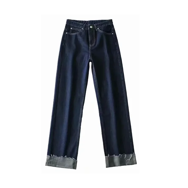 Dark Blue Curled Edge Top Line Loose And Thin Wide leg Trouser Navy Blue - Shop at LoveMi