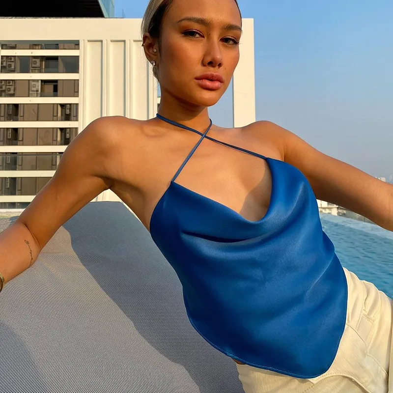 Halter Camisole Women's Design Sense Of Pure Colour Fashion Halter Top Short - Blue
