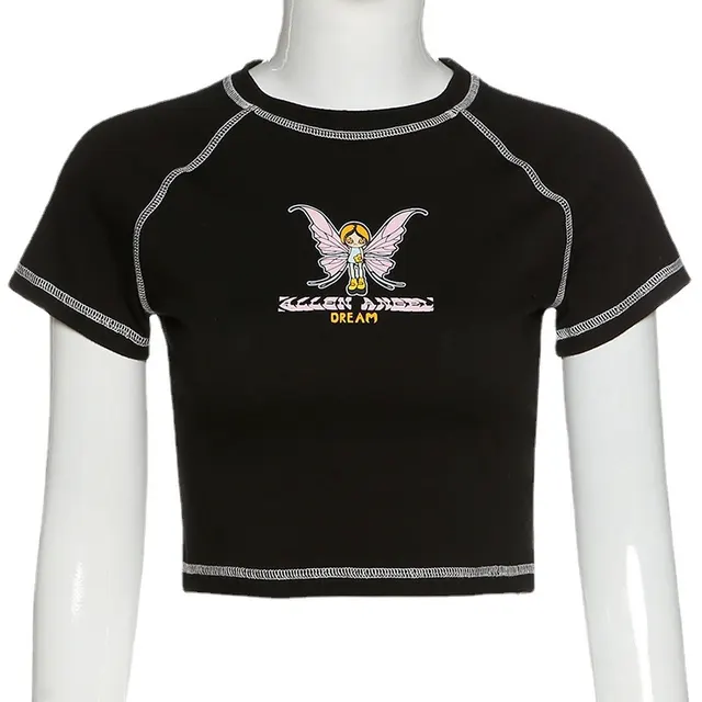Womens Butterfly Letter Print Cropped Top Round Neck Short Sleeve T Shirt Black - Shop at LoveMi