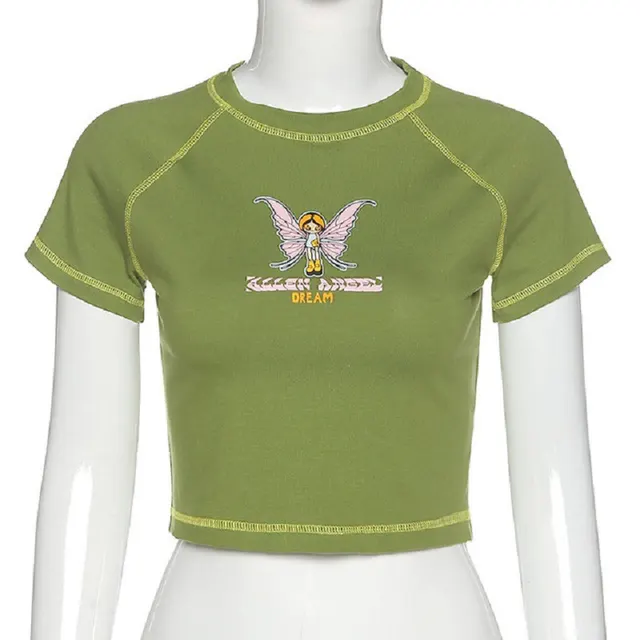 Womens Butterfly Letter Print Cropped Top Round Neck Short Sleeve T Shirt Green - Shop at LoveMi