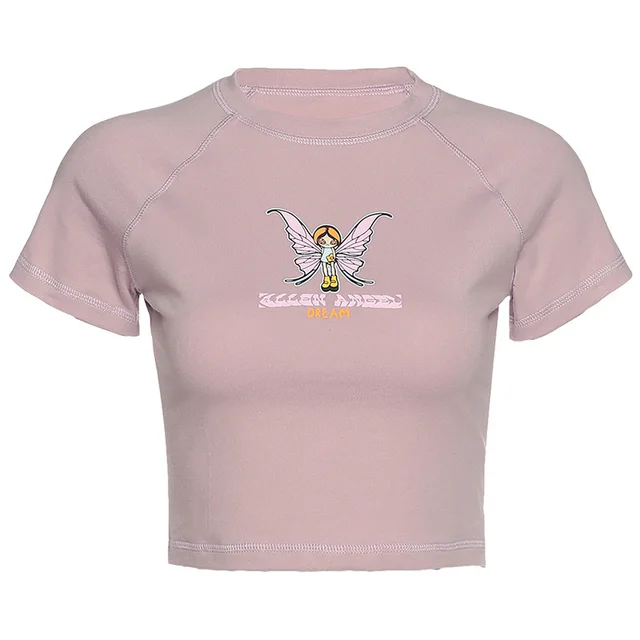 Womens Butterfly Letter Print Cropped Top Round Neck Short Sleeve T Shirt Pink - Shop at LoveMi