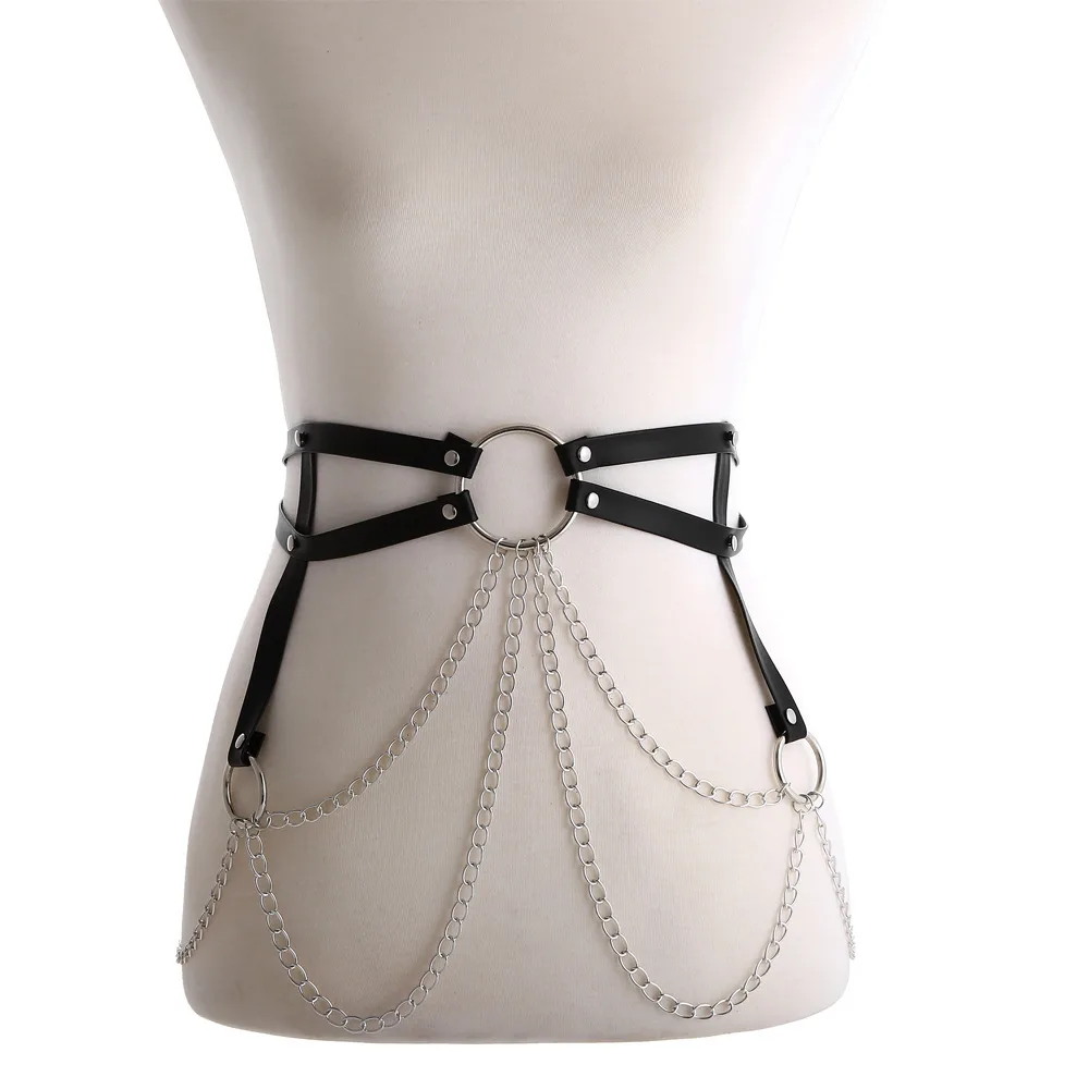 Body Harness Women Sexy Chain Leather Strap Waist Jewelry - Black