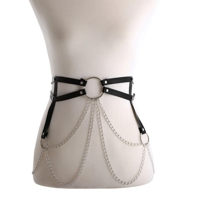 Body Harness Women Sexy Chain Leather Strap Waist Jewelry Black - Shop at LoveMi