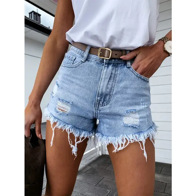 Fashion Ripped Fringed High Waist Denim Shorts Blue - Shop at LoveMi