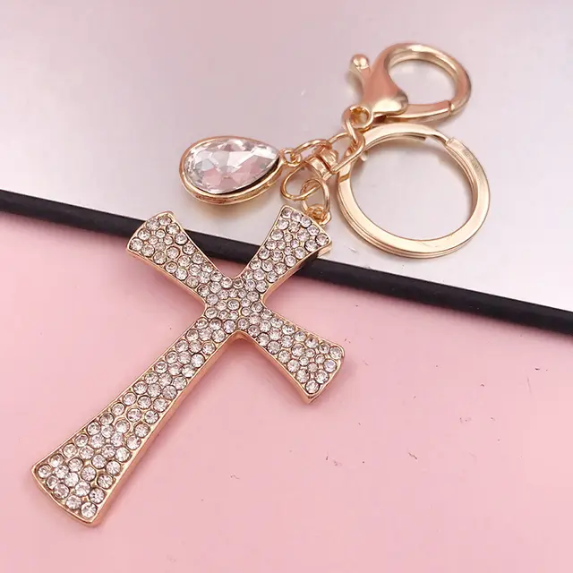 Christian Water Drop Diamond Cross Keychain Metal Pendant Female Bag Accessories Gold - Shop at LoveMi