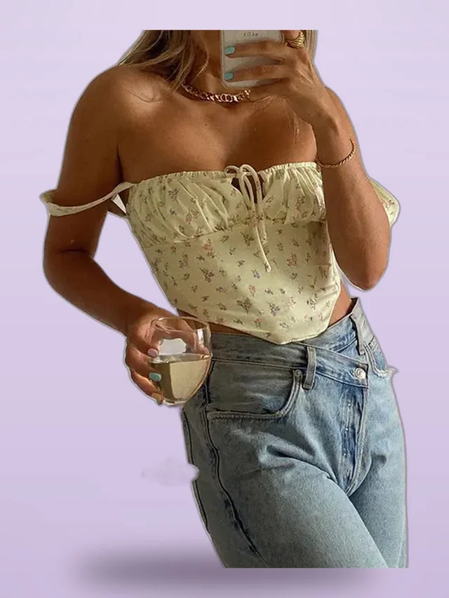 Summer New Ladies Suspenders One Word Neck Fashion Street Style Sexy Slim Printed Corset - Shop at LoveMi