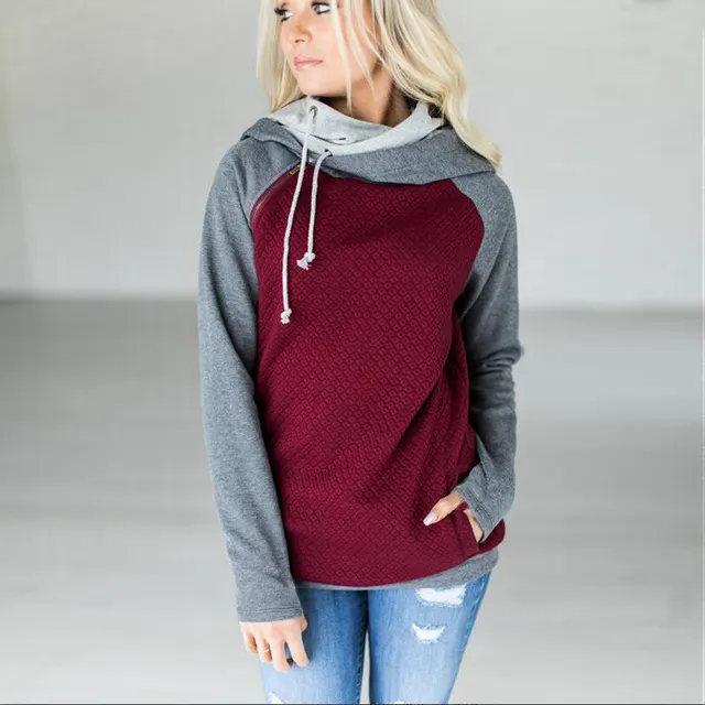 Oblique Zipper Double Hood Stitching Hoodie Sweatshirt Plaid Coat Red - Shop at LoveMi