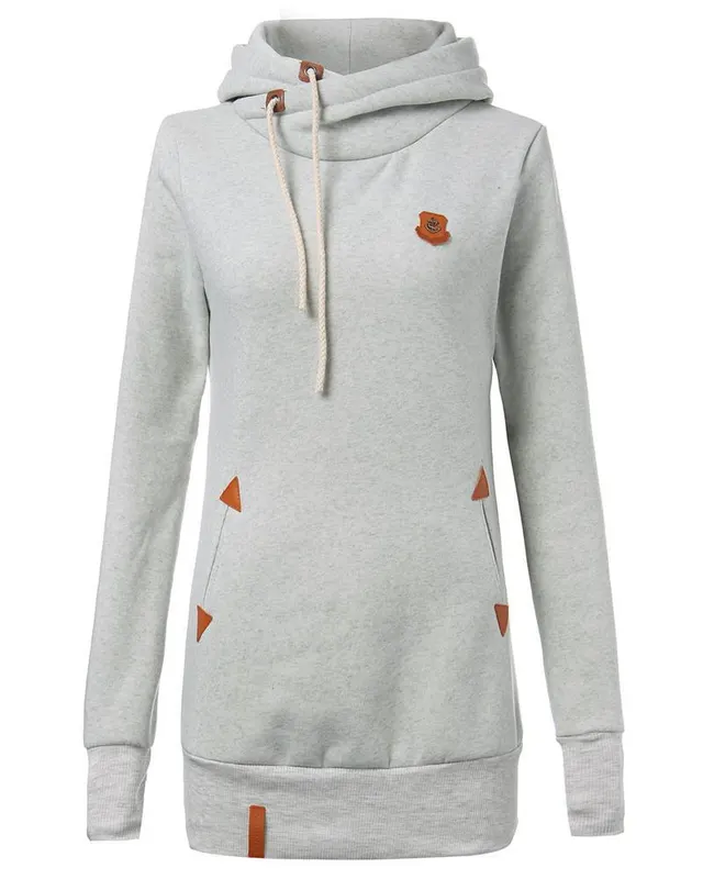 Autumn And Winter Badge Pocket Long Sleeved Fleece Hooded Sweater Coat Light Grey - Shop at LoveMi