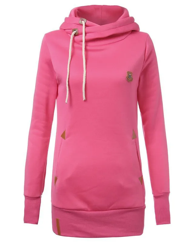 Autumn And Winter Badge Pocket Long Sleeved Fleece Hooded Sweater Coat Rose Red - Shop at LoveMi